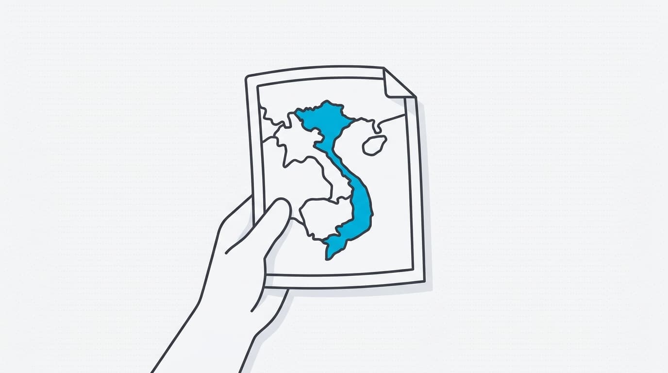 Line-art illustration of a map and origin documents