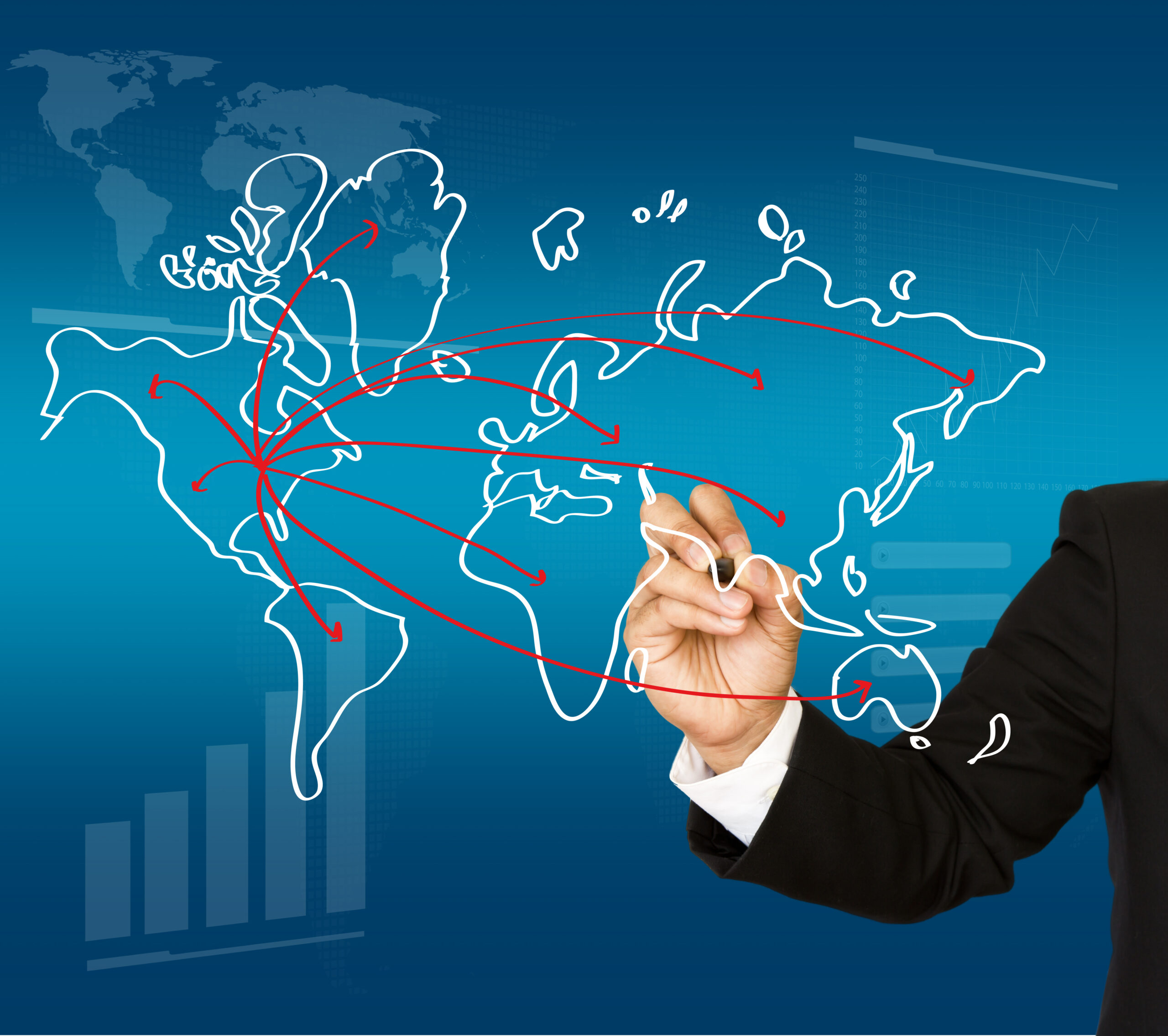 A digital illustration of a world map with red arrows connecting various regions, symbolizing global trade, international supply chain solutions, and industry support across the U.S. A business professional is seen drawing connections, representing strategic logistics and sourcing.