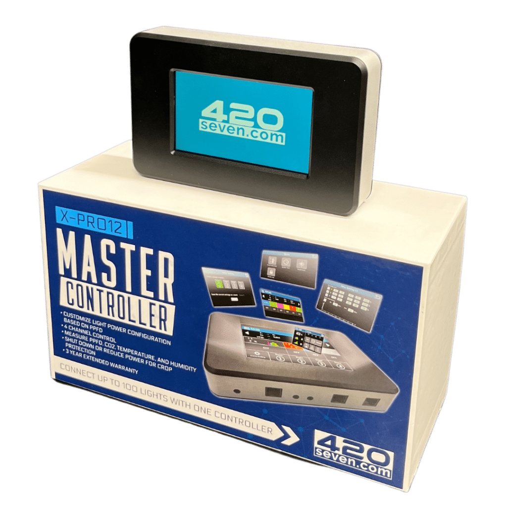 Image of the 420Seven X-PRO 12 Master Controller, a smart lighting control device designed for managing up to 100 lights with advanced customization features, environmental monitoring, and automated safety functions. The packaging highlights its touchscreen interface and connectivity capabilities.